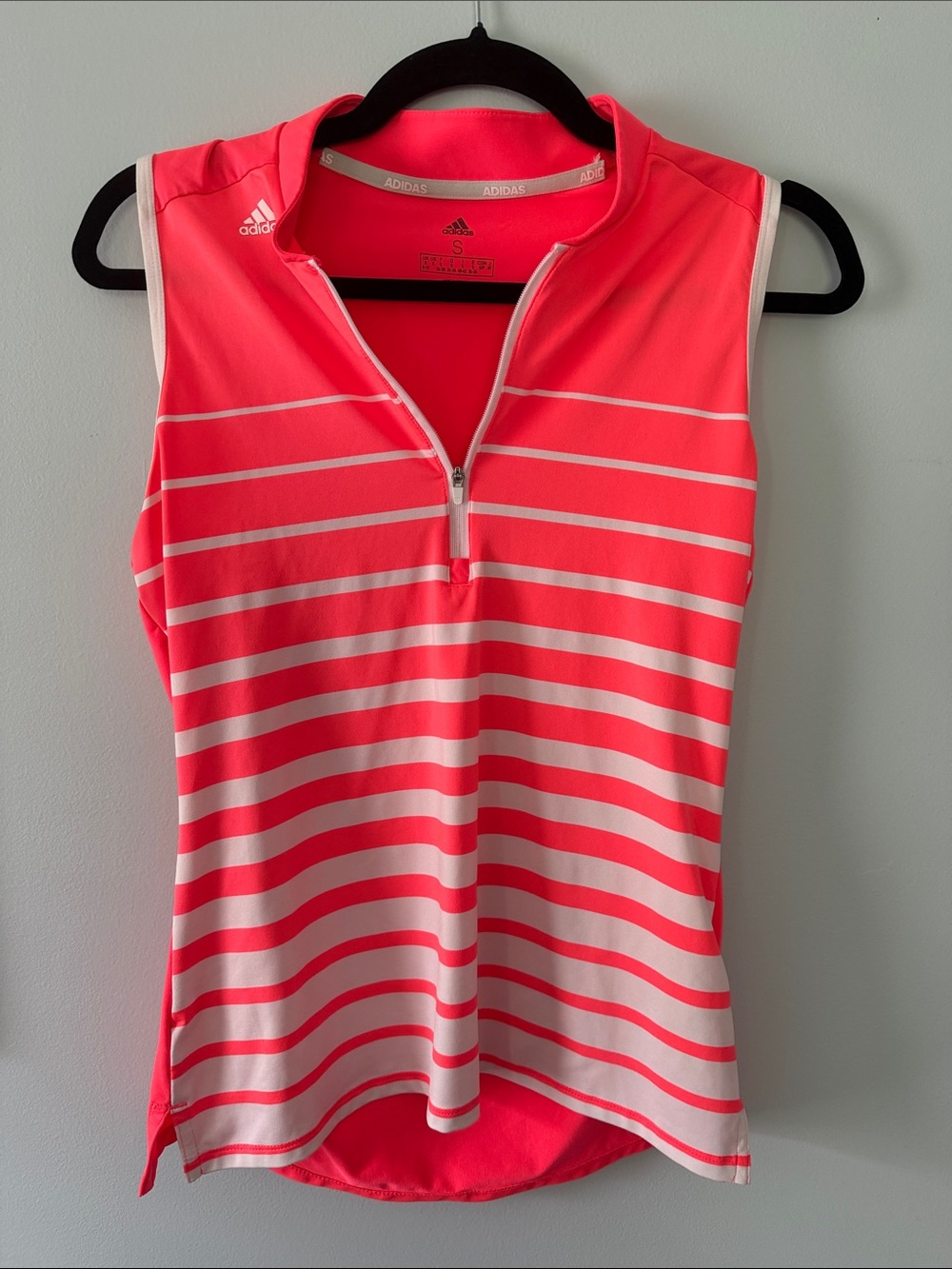 adidas Women’s Coral Pink and White Striped Sleeveless Zip Polo